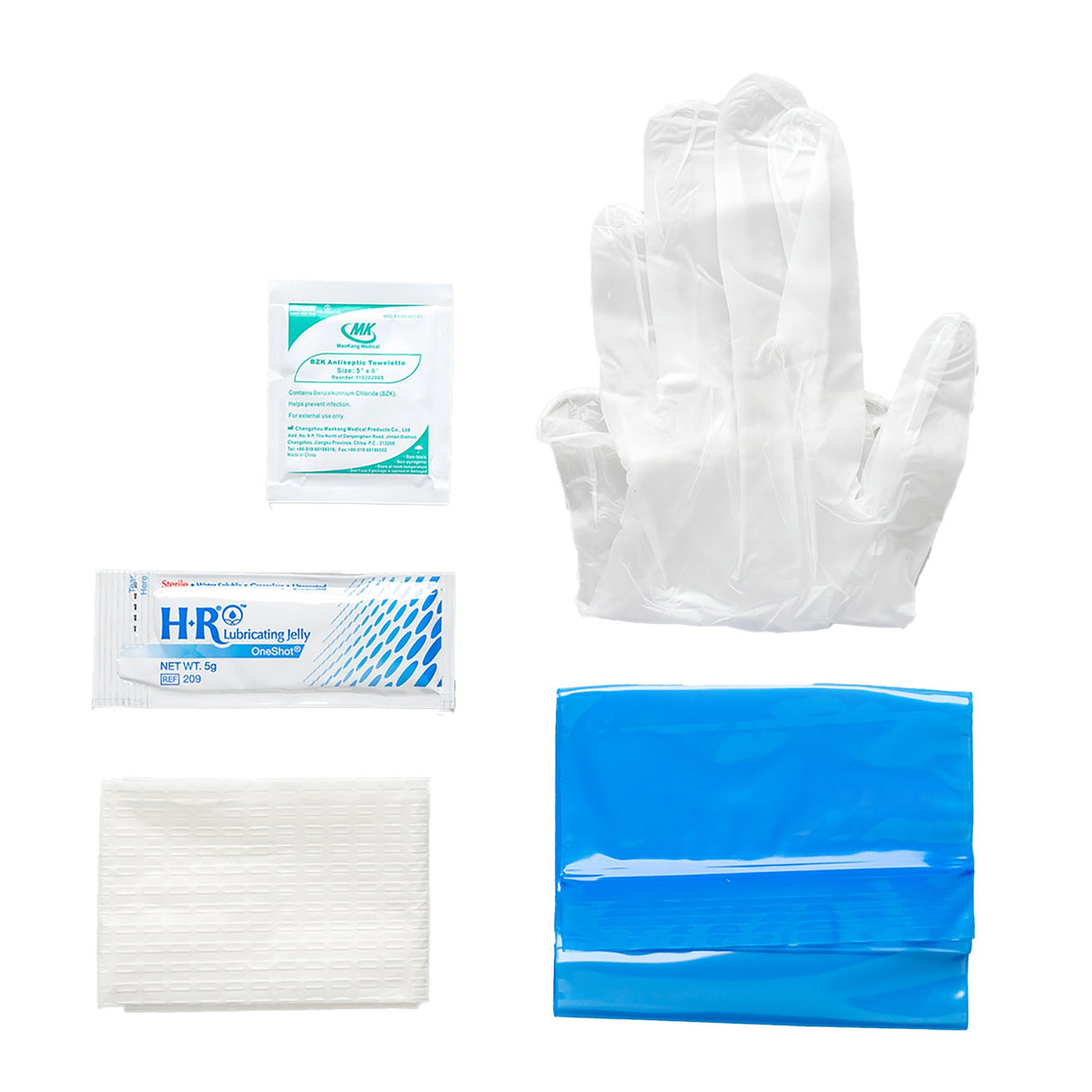 Image of TruCath Intermittent Catheter Insertion Kit. Vinyl PF Gloves, 5g Lube Jelly Packet, BZK wipe, Underpad and Disposal Bag.