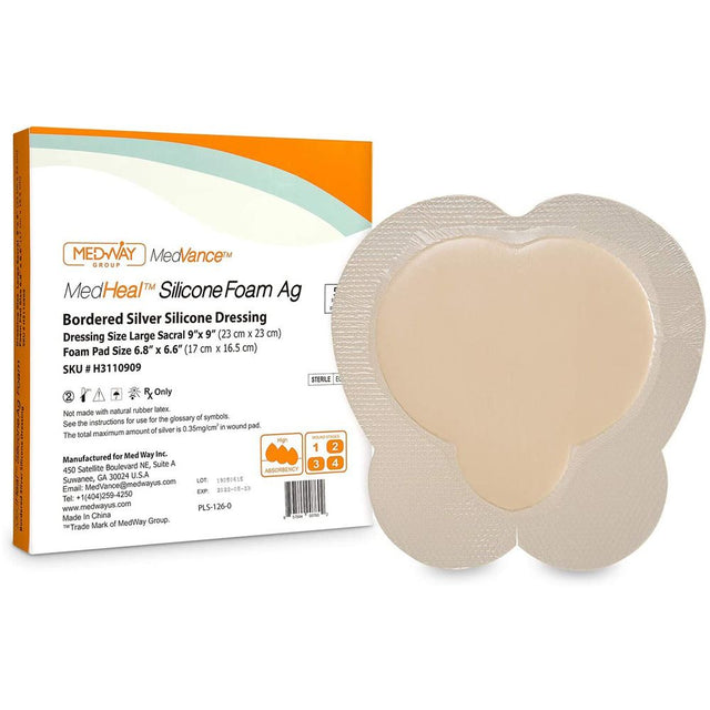 Image of CuraVance Bordered Silver Silicone Foam Sacral 9" x 9" Dressing, 7" x 7" Pad