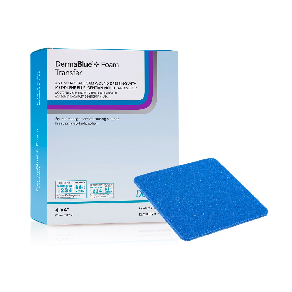 Image of DermaBlue+ Foam Transfer Antimicrobial Foam Dressing, 4" x 4"