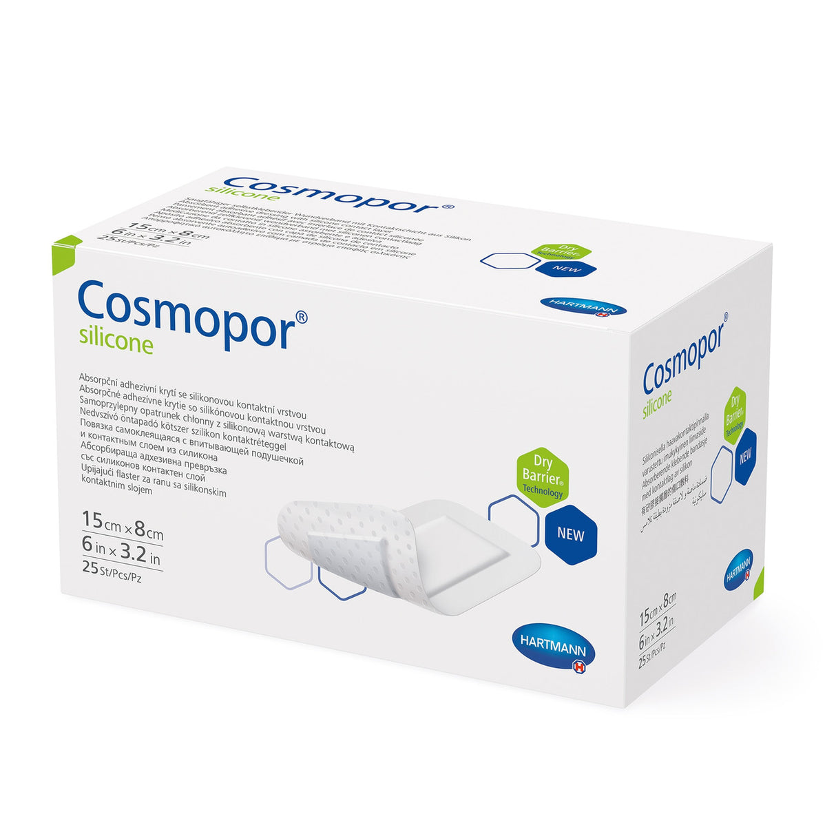 Image of Cosmopor Silicone Absorbent Island Dressing with Silicone Adhesive, Sterile 3.2” x 6” Dressing, 1.5” x 4.3” Pad