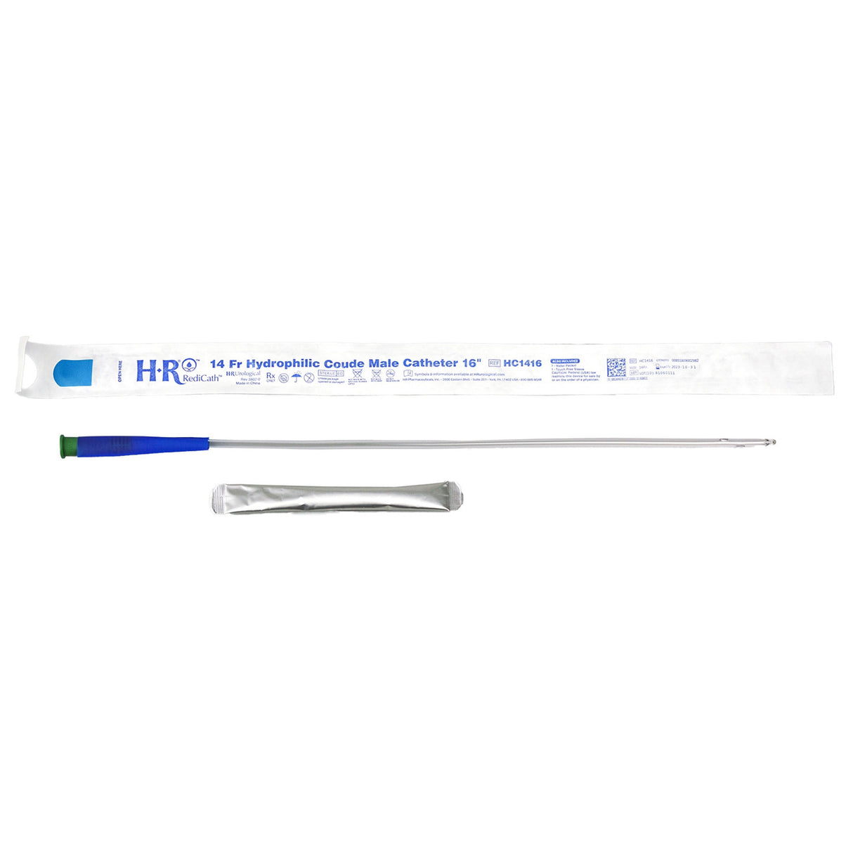 Image of TruCath Hydrophilic Coude Catheter with water bag and touch free sleeve, 14FR, 16"