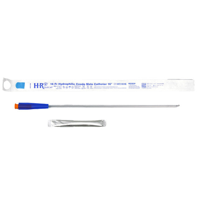 Image of TruCath Hydrophilic Coude Catheter with water bag and touch free sleeve, 16FR, 16"