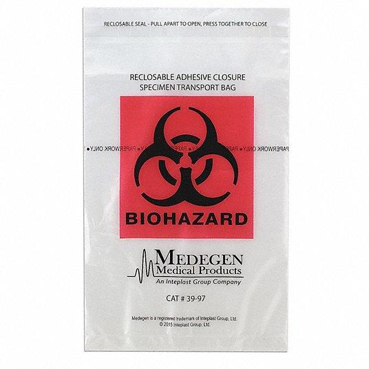 Image of Medegen Lab Specimen Transport Bag with Zip Closure Clear/Black/Red (100 Count)