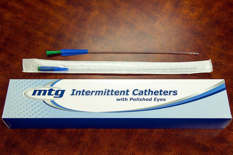 Image of MTG Straight Tip Male Intermittent Catheter, 12 Fr, 16" Soft Vinyl Catheter with Handling Sleeve