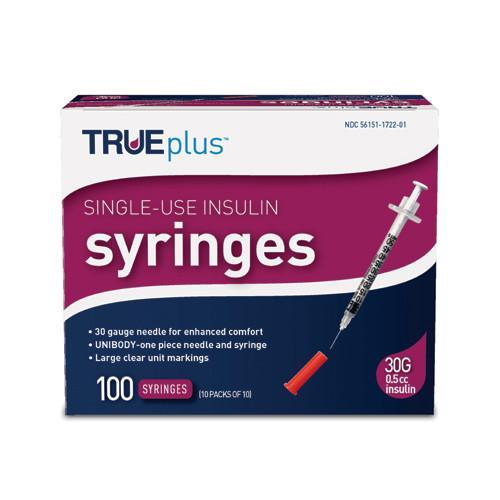 Image of Trueplus Single-Use Insulin Syringe, 30G x 5/16", .5 mL (100 Count)